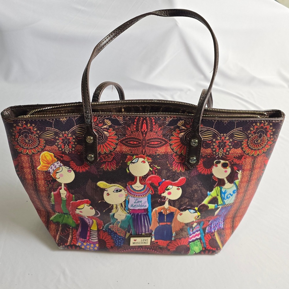 Love Moschino Women Graphic Print Tote Bag Brown Multi Color Shoulder Bag